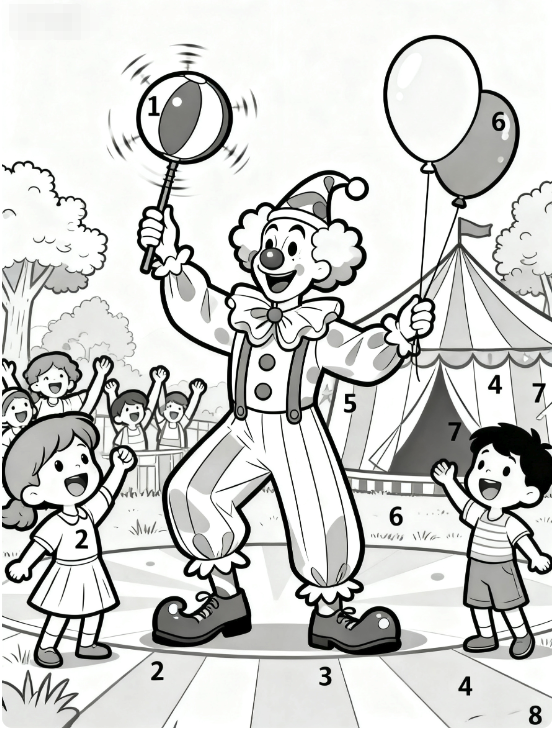 Free printable color by number worksheet of a happy clown entertaining children at the circus with a big top tent in the background | coloringpagesprintable.online