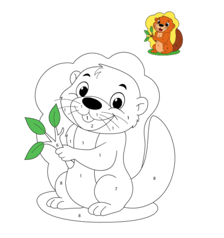 Free printable color by number worksheet for kids, featuring a happy otter holding a leafy branch | coloringpagesprintable.online