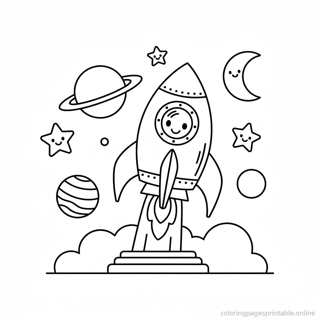 Free printable coloring page for kids featuring a cute rocket blasting off into space with planets and stars | coloringpagesprintable.online
