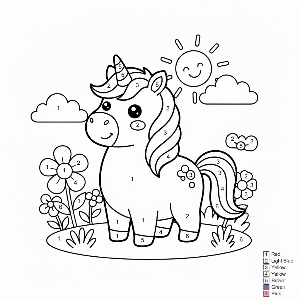 Free printable coloring page for kids featuring an adorable unicorn in a field of flowers | coloringpagesprintable.online