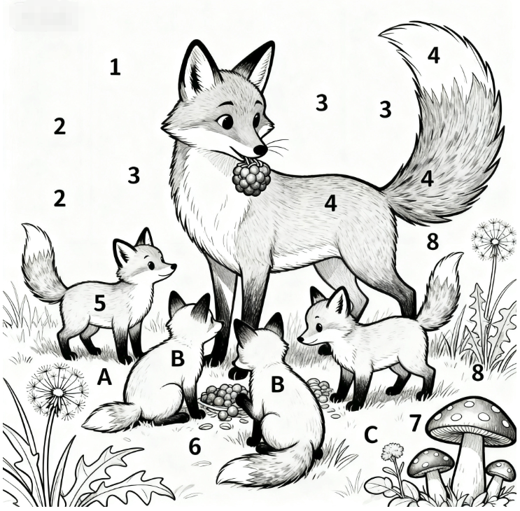 Free printable color by number and letter worksheet of a mother fox and her cubs in a meadow with berries and mushrooms | coloringpagesprintable.online