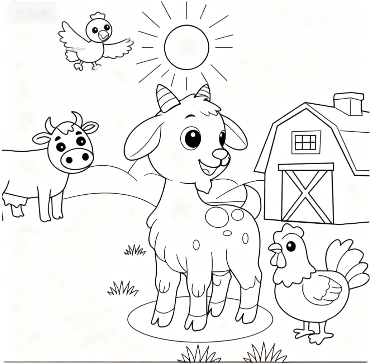 Free printable coloring page for kids with friendly farm animals, including a goat, cow, chicken, and a barn under a bright sun | coloringpagesprintable.online