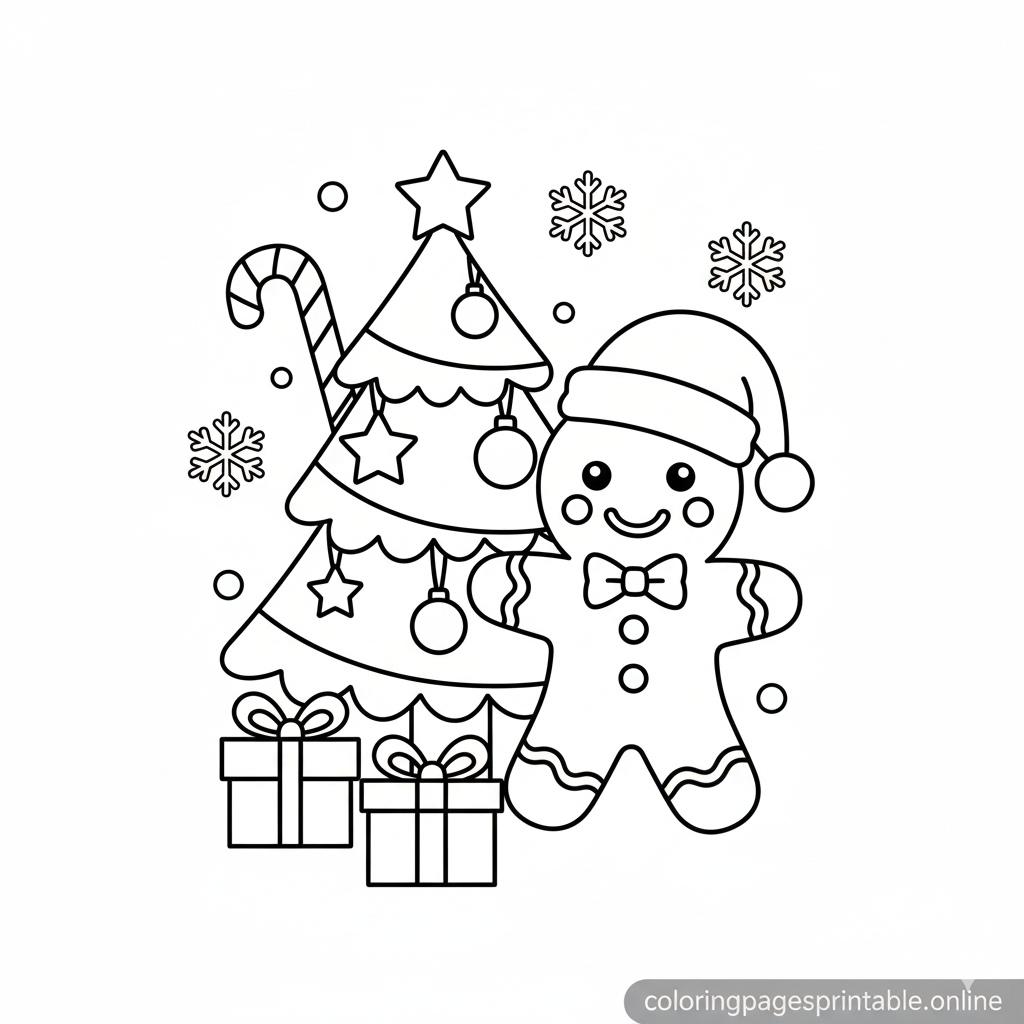 Free printable coloring page for kids featuring a cute gingerbread man with a Christmas tree and gifts | coloringpagesprintable.online