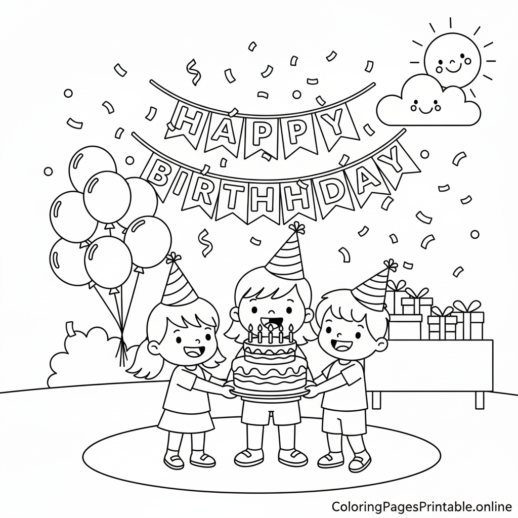 Free printable coloring page of kids celebrating a birthday party with a cake, balloons, and a 'Happy Birthday' banner | coloringpagesprintable.online