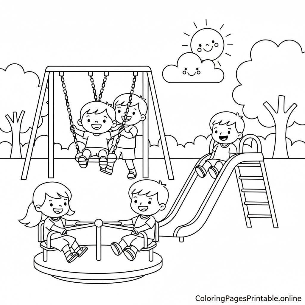 Free printable coloring page of kids having fun on a swing, slide, and merry-go-round at the park on a sunny day | coloringpagesprintable.online