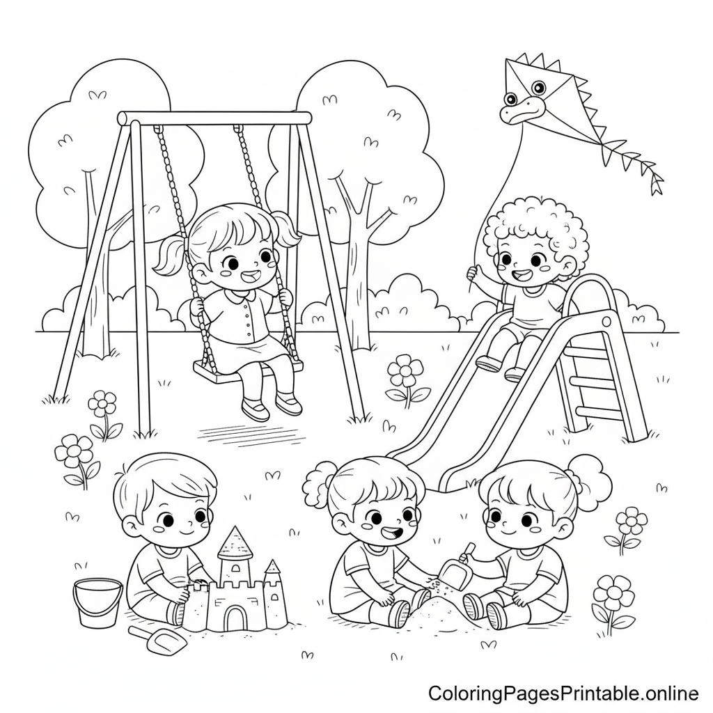 Free printable coloring page of happy kids at a playground with a swing, slide, and sandcastle | coloringpagesprintable.online