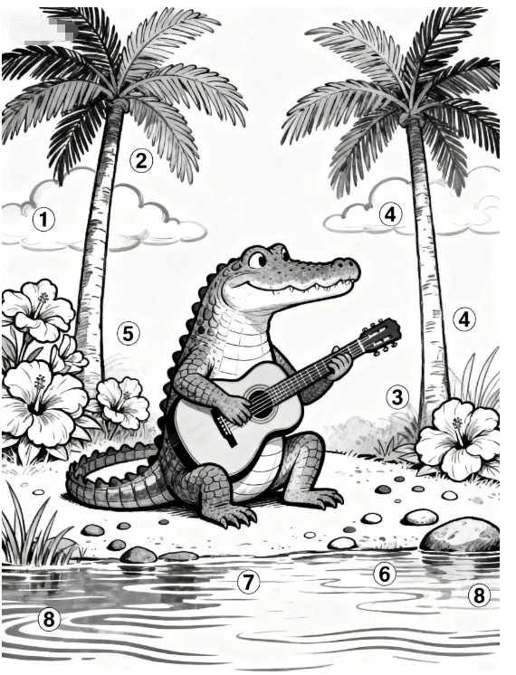 Free printable color by number worksheet of an alligator playing the guitar on a beach with palm trees and hibiscus flowers | coloringpagesprintable.online