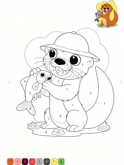 Free printable color by number worksheet for kids featuring a cute otter in a hat holding a fish | coloringpagesprintable.online