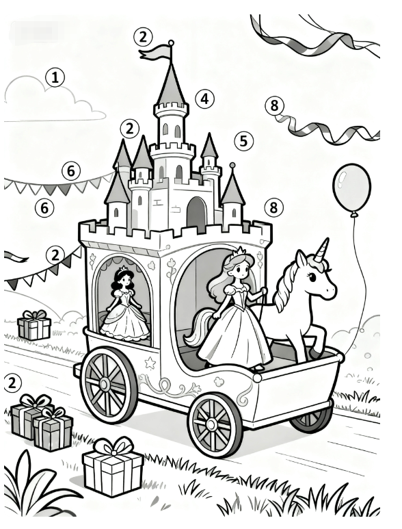 Free printable color by number worksheet featuring two princesses in a castle-shaped carriage pulled by a unicorn during a parade | coloringpagesprintable.online
