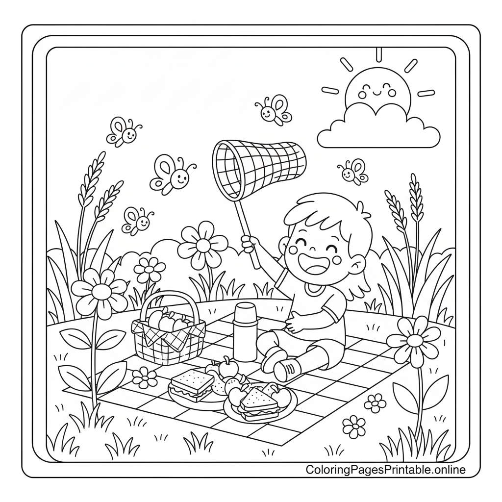 Free printable coloring page of a child having a picnic, holding a butterfly net with butterflies, flowers, and a smiling sun | coloringpagesprintable.online